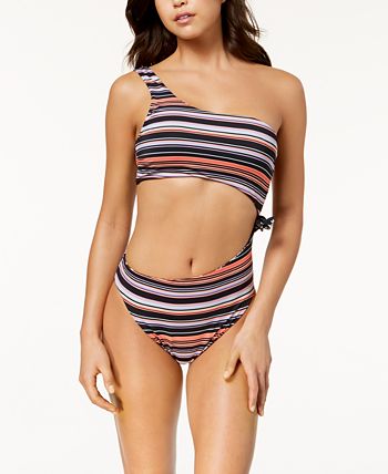 Athletic Striped Textured One Shoulder Cutout Waist Moderate One