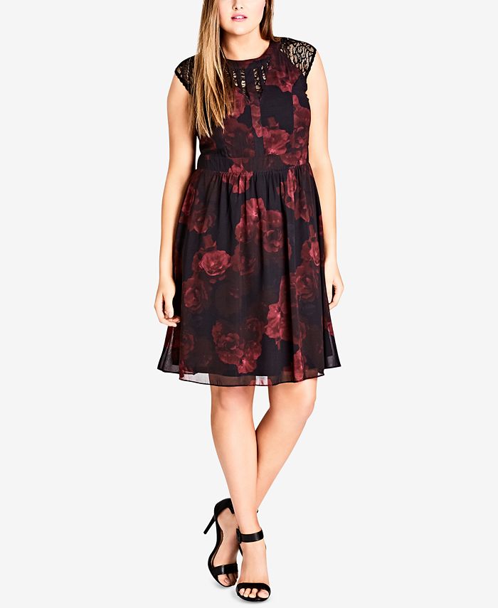 City Chic Trendy Plus Size Printed Lace-Trim Dress - Macy's