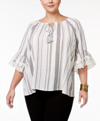 Style & Co - Plus Size Printed Lace-Trimmed Peasant Top
