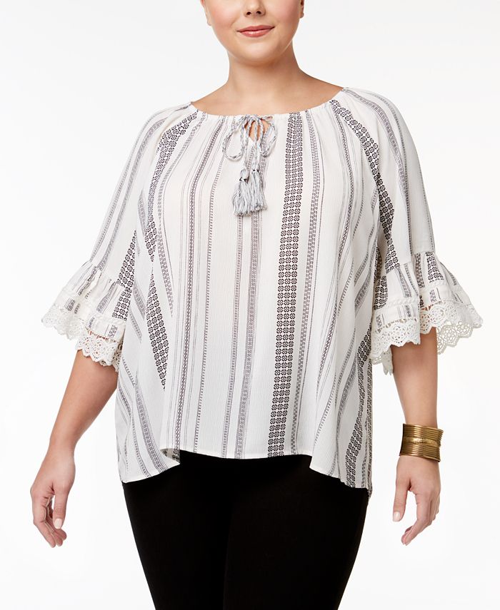 Style & Co Plus Size Printed LaceTrimmed Peasant Top, Created for Macy