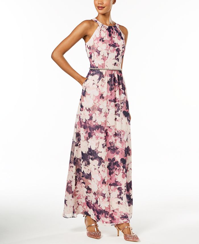 SL Fashions Beaded-Waist Floral-Print Maxi Dress - Macy's