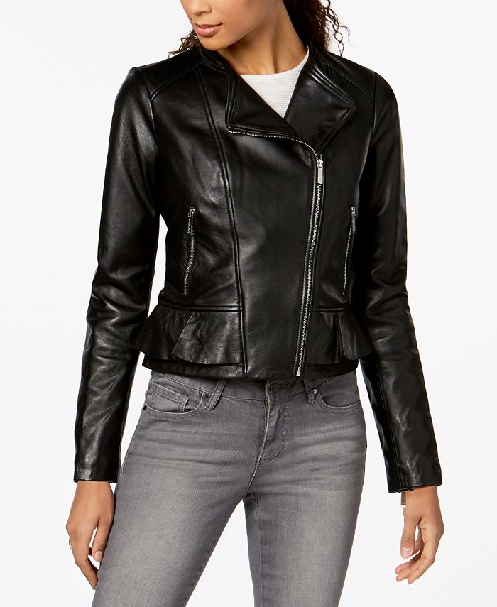 Michael Kors Leather Ruffle-Waist Moto Jacket - Macy's