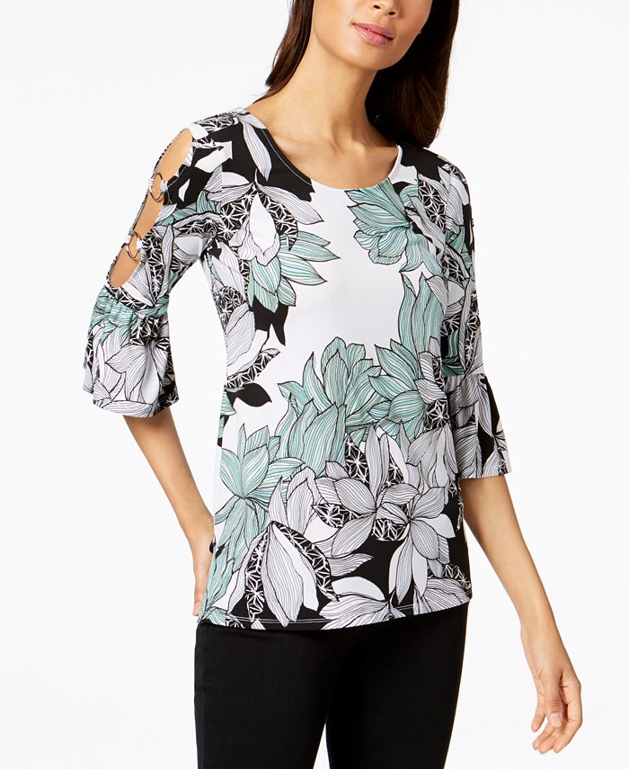 JM Collection Printed Ring-Detailed Cutout Ruffle-Sleeved Top, Created ...