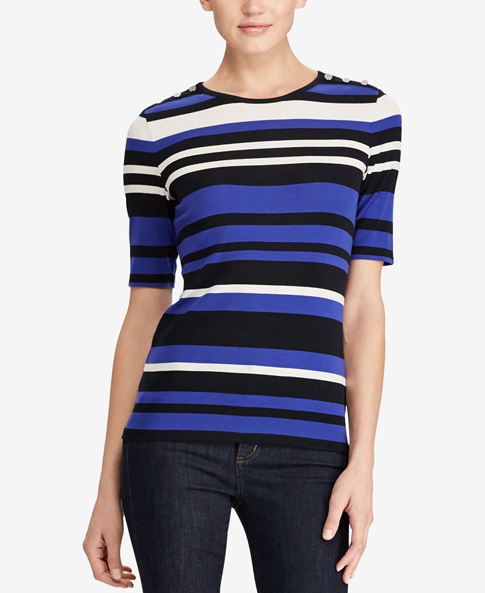 Lauren Ralph Lauren Petite Striped Button-Shoulder T-Shirt - Macy's