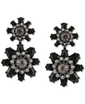 Say Yes to the Prom - Hematite-Tone Crystal & Jet Stone Flower Drop Earrings