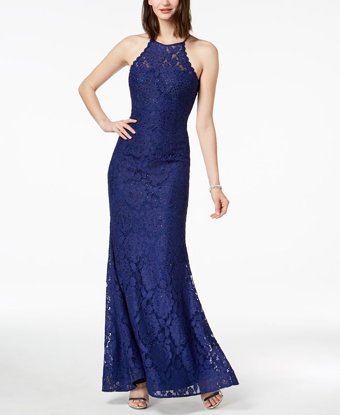 Betsy & Adam Beaded Lace Halter Gown - Macy's