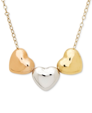 image of Tri-Color Polished Heart Pendant Necklace in 10k Gold, White Gold & Rose Gold