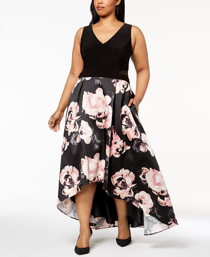 XSCAPE Plus Size Solid & Floral-Print High-Low Gown - Macy's