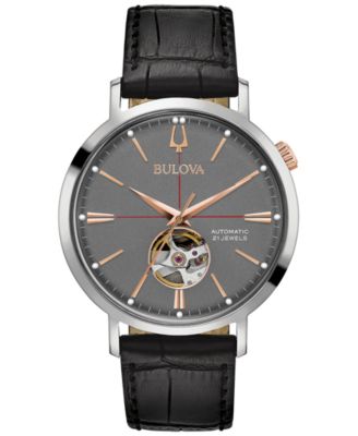 Bulova - Men's Automatic Black Leather Strap Watch 41mm