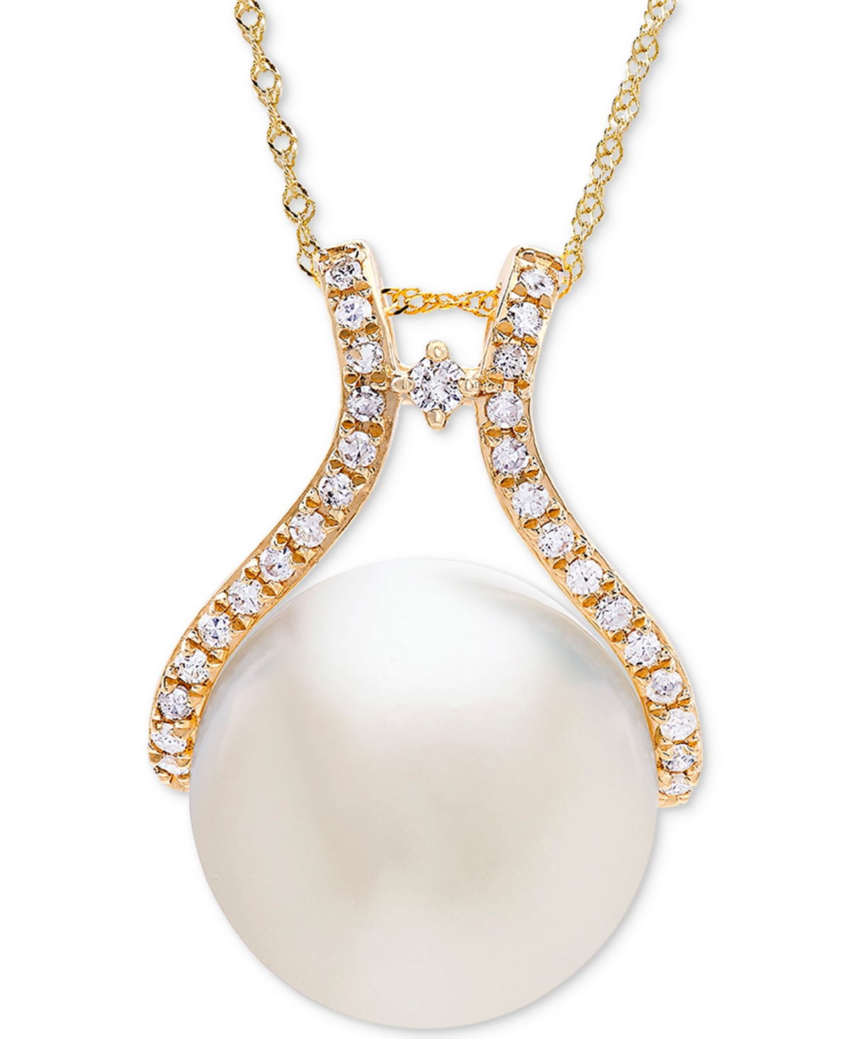 Cultured White Ming Pearl (10mm) & Diamond (1/5 ct. t.w.) Pendant Necklace in 14k Gold - White
