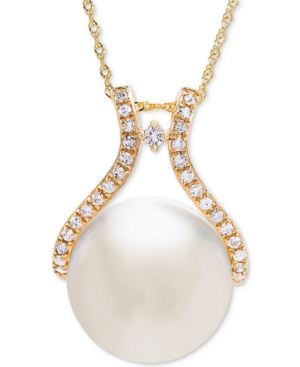 image of Honora Cultured White Ming Pearl (13mm) & Diamond (1/5 ct. t.w.) Pendant Necklace in 14k Gold