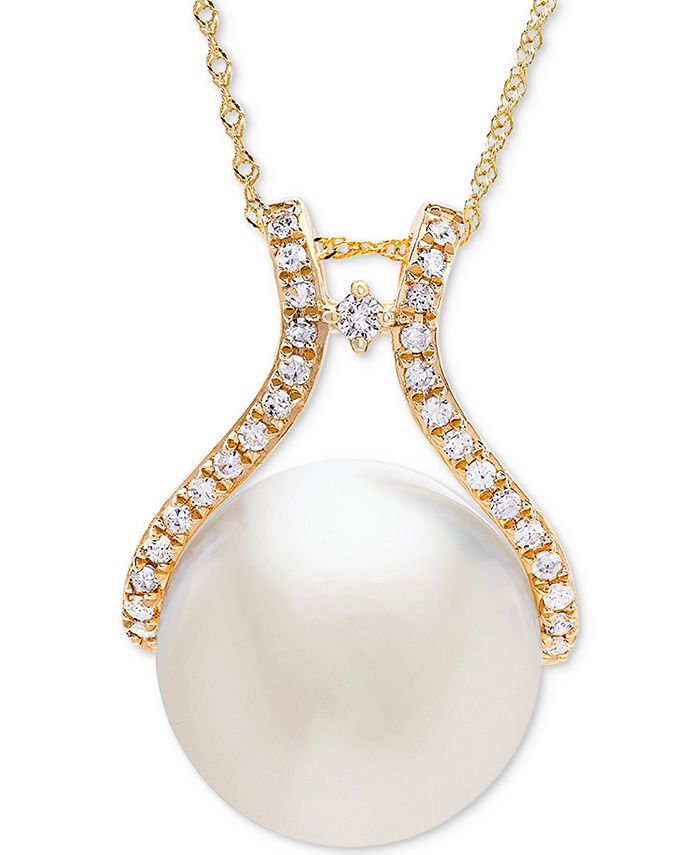 Honora - Cultured White Ming Pearl (13mm) & Diamond (1/5 ct. t.w.) Pendant Necklace in 14k Gold