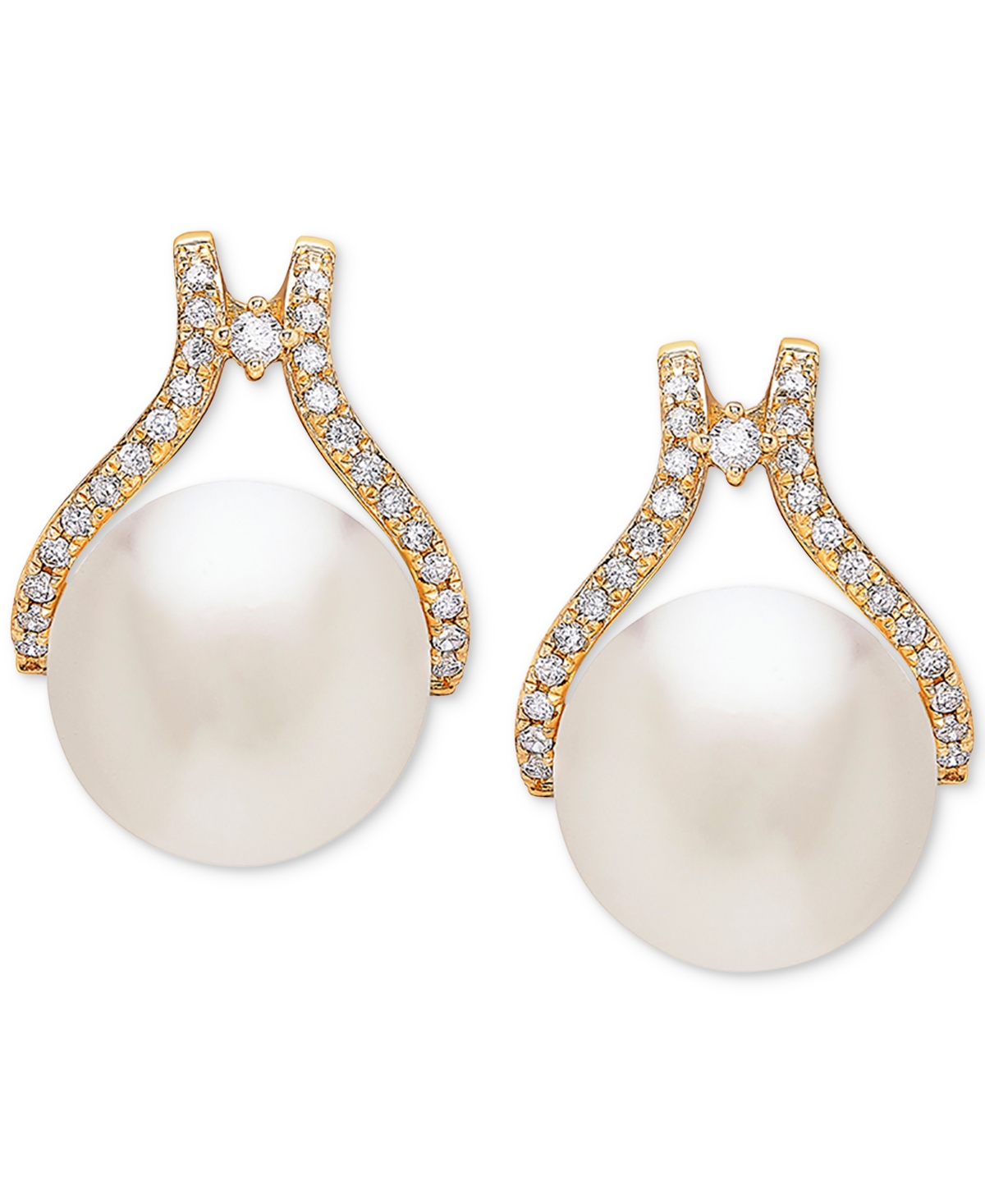 Cultured White Ming Pearl (12mm) & Diamond (1/3 ct. t.w.) Stud Earrings in 14k Gold - Yellow Gold