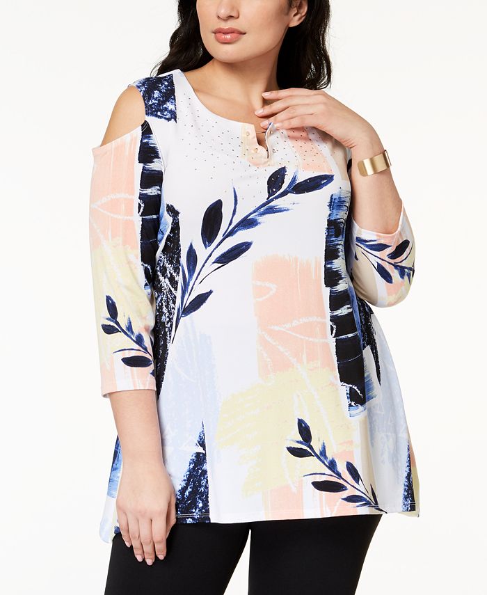 JM Collection Plus Size Printed Cold-Shoulder Tunic, Created for Macy's ...