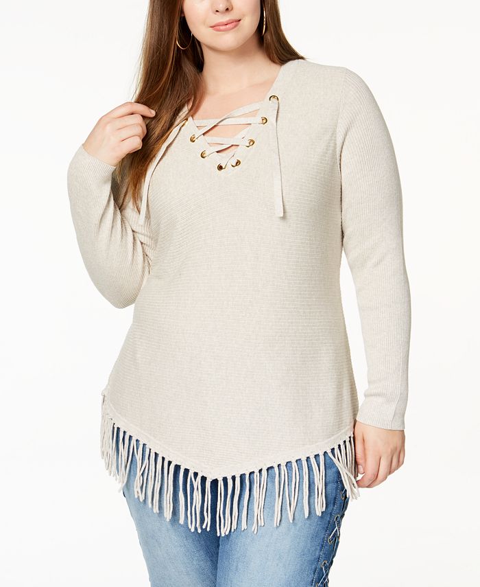 INC International Concepts I.N.C. Plus Size Lace Up Fringe Tunic