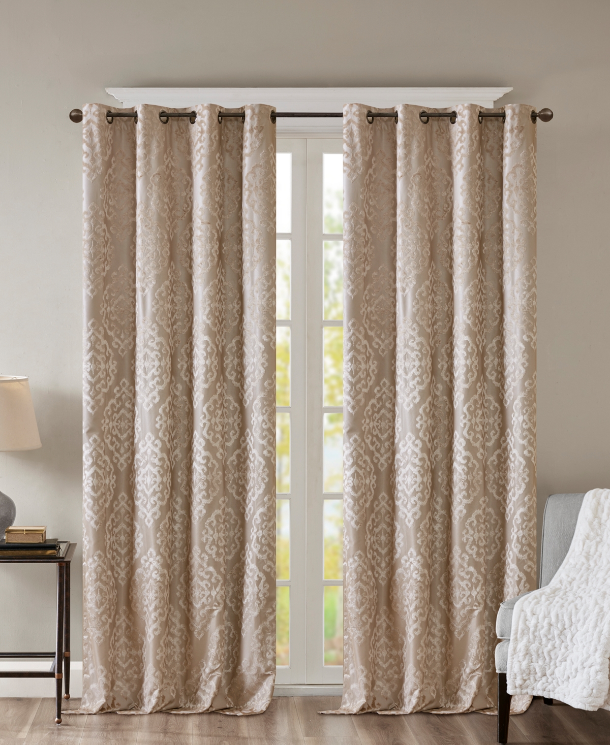 Mirage Knitted Jacquard Damask Total blackout curtains for bedroom, Silver grommet top fit up to 1.25 inches rod Single Curtain Panel for Living Room,