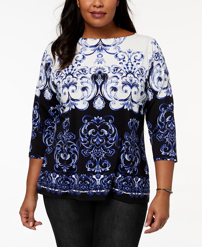 Charter Club Plus Size Scroll-Print Boat-Neck Top, Created for Macy's ...
