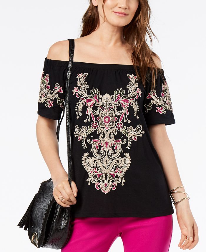 INC International Concepts Women's Petite Cold-Shoulder Top - Printed, Size Petite Small