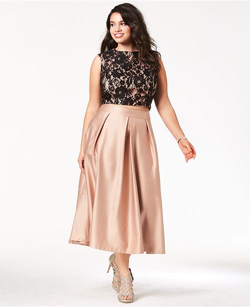City Chic Trendy Plus Size Lace Crop Top Satin Midi Skirt