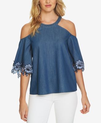 CeCe Cotton Embroidered Cold-Shoulder Top