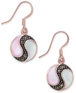 image of Marcasite & Mother-of-Pearl Disc Drop Earrings in Rose Gold-Plate