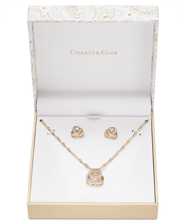 Charter Club Pavé Knot Pendant Necklace & Stud Earrings Set in Gold Plate,  Created for Macy's - Macy's