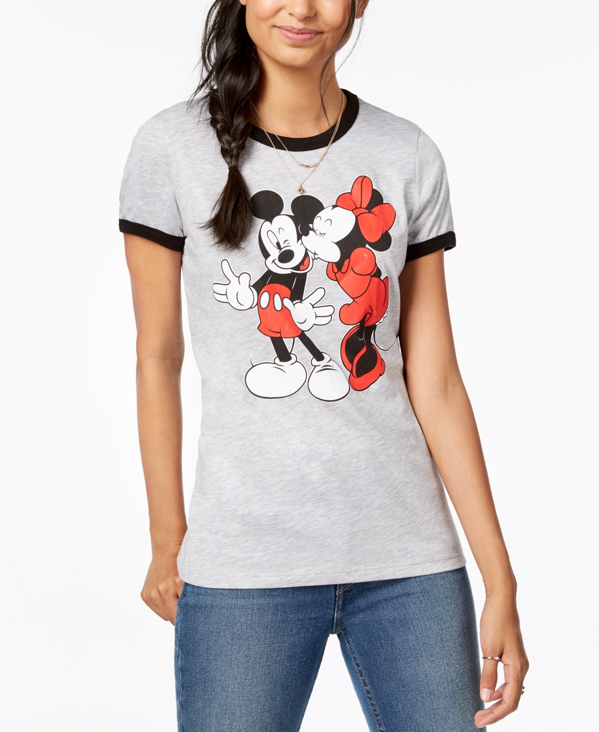 Juniors' Mickey & Minnie Graphic-Print T-Shirt - Heather Grey