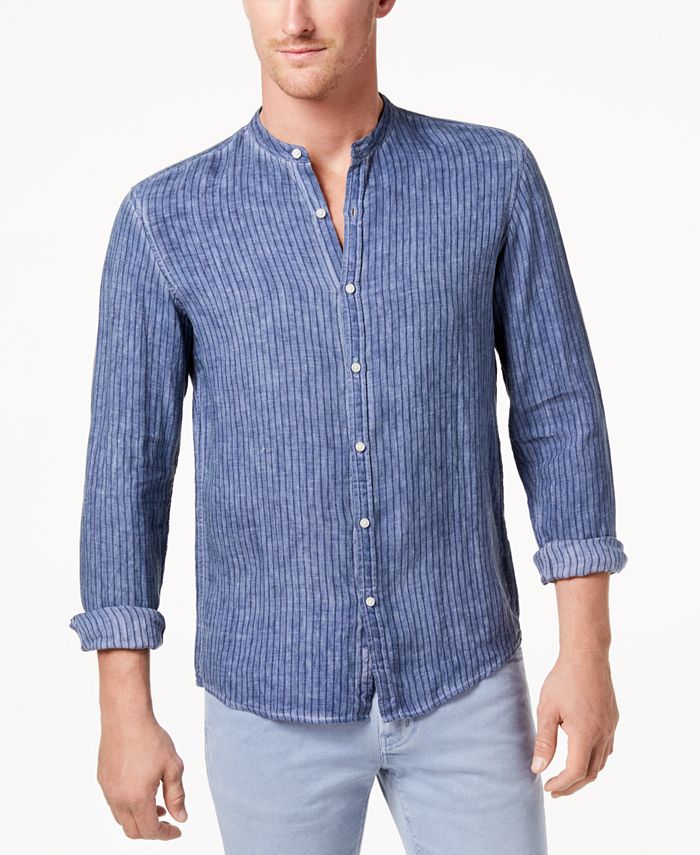 Michael Kors Men's Cold-Dyed Stripe Band-Collar Linen Shirt - Macy's