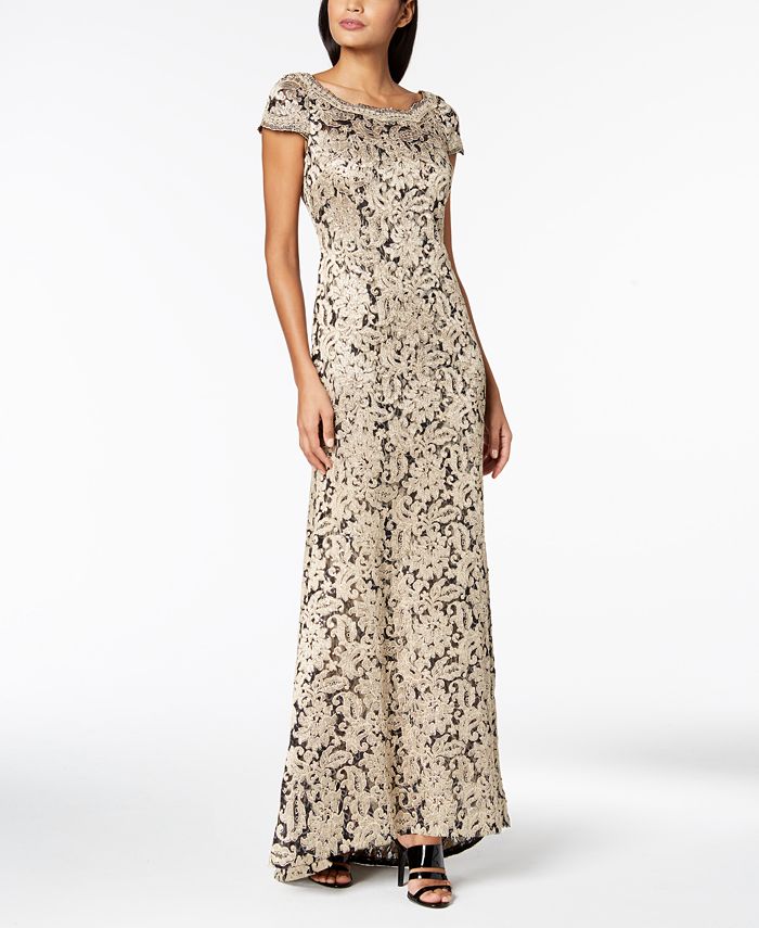 Calvin Klein Cap-Sleeve Sequined Lace Gown - Macy's