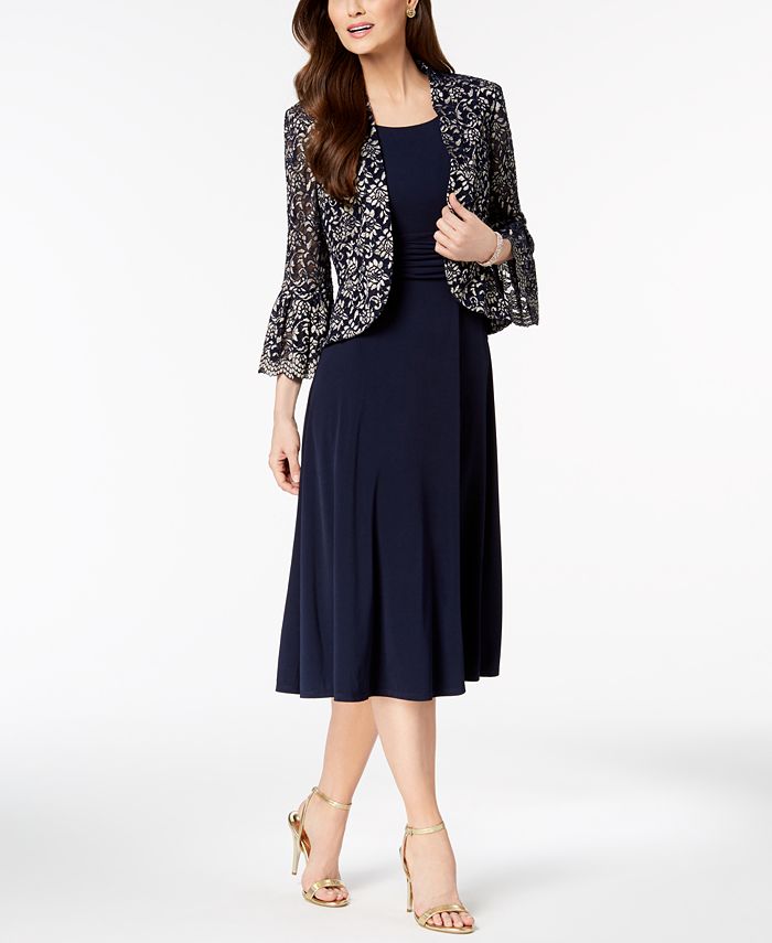 Jessica Howard Ruched Dress & Lace Bell-Sleeve Jacket in Petite ...