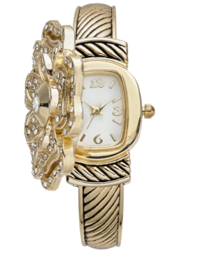image of Charter Club Women-s Gold-Tone Flip Crystal Flower Bracelet Watch 35mm, Created for Macy-s