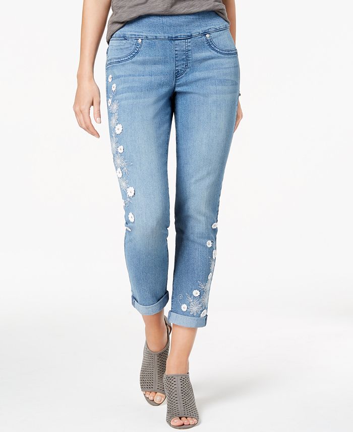 Style & Co Petite Embroidered Pull-On Ankle Boyfriend Jeans, Created ...
