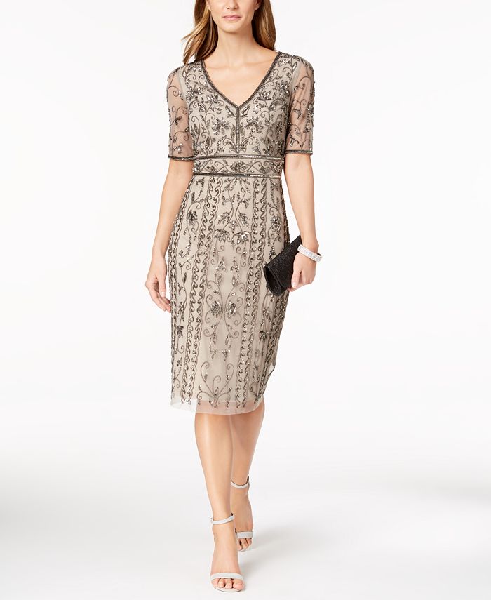 Adrianna Papell V-Neck Beaded Mesh Dress - Macy's