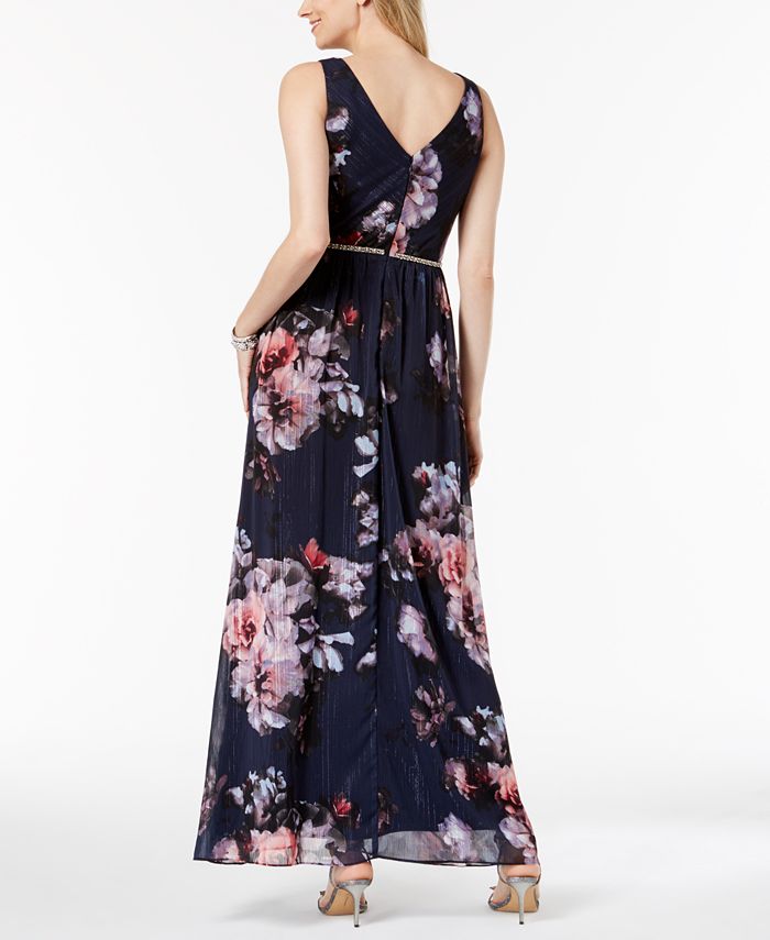 SL Fashions Metallic Floral-Print Surplice Gown - Macy's
