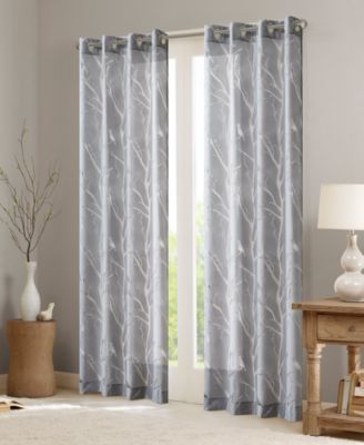 Averil Grommet Top Sheer Window Curtain, grey sheer curtains 95 inches long Single Curtain, Width 50 Bird on Branches Burnout curtains sheer