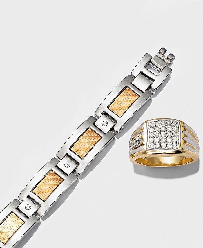 Macy's - Men's Inlay Diamond Bracelet (1/5 ct. t.w.) in Stainless Steel and 18k Gold