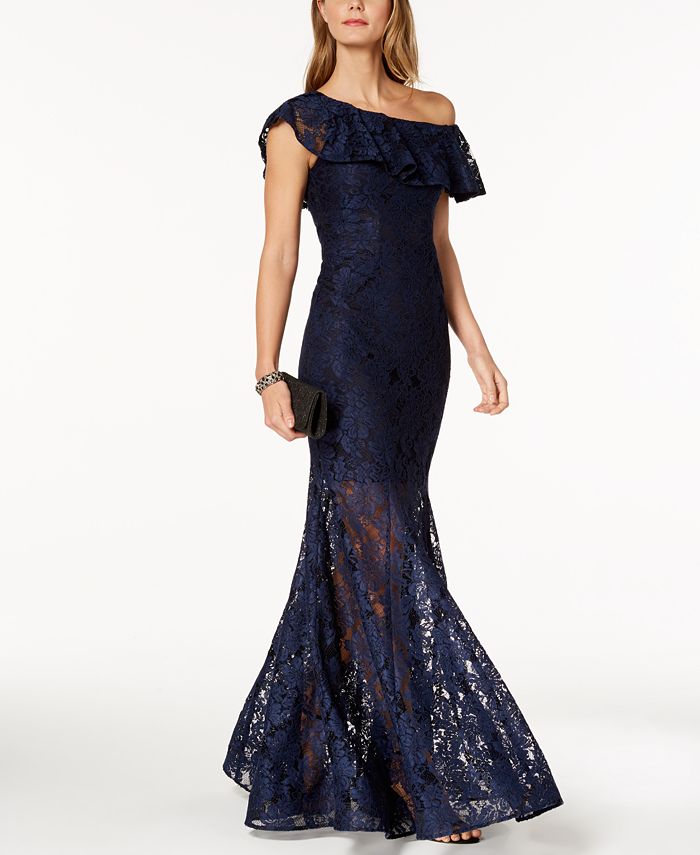 XSCAPE One-Shoulder Ruffled Lace Illusion Gown - Macy's