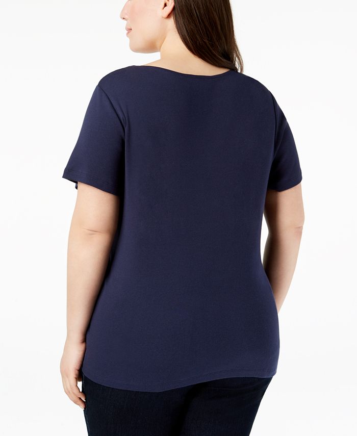 Karen Scott Plus Size Cotton Flower-Embroidered T-Shirt, Created for ...