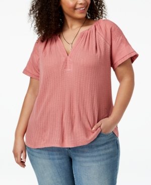 LUCKY BRAND TRENDY PLUS SIZE EMBROIDERED SPLIT-NECK TOP