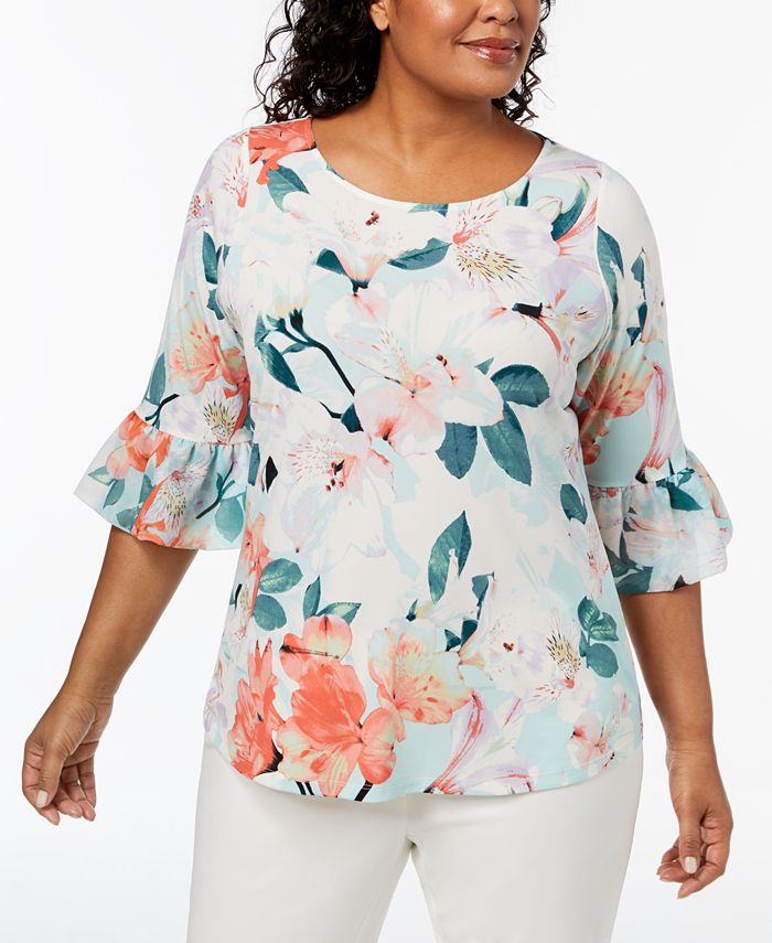 Calvin Klein Plus Size Floral-Print Bell-Sleeve Top - Macy's