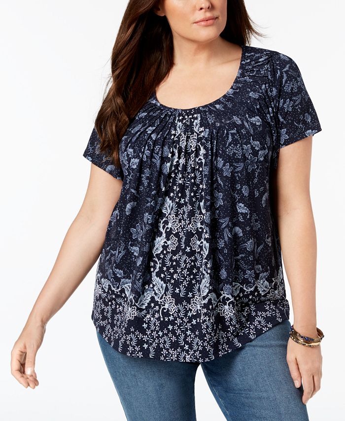 Style & Co Plus Size Mixed-Print Pleated-Neck Top, Created for Macy's ...