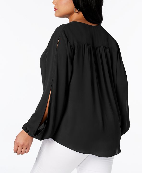 Plus Size Surplice Neck Flounce Sleeve Blouse