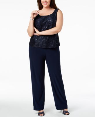3-Pc. Plus Size Sequined Lace Pantsuit & Shell