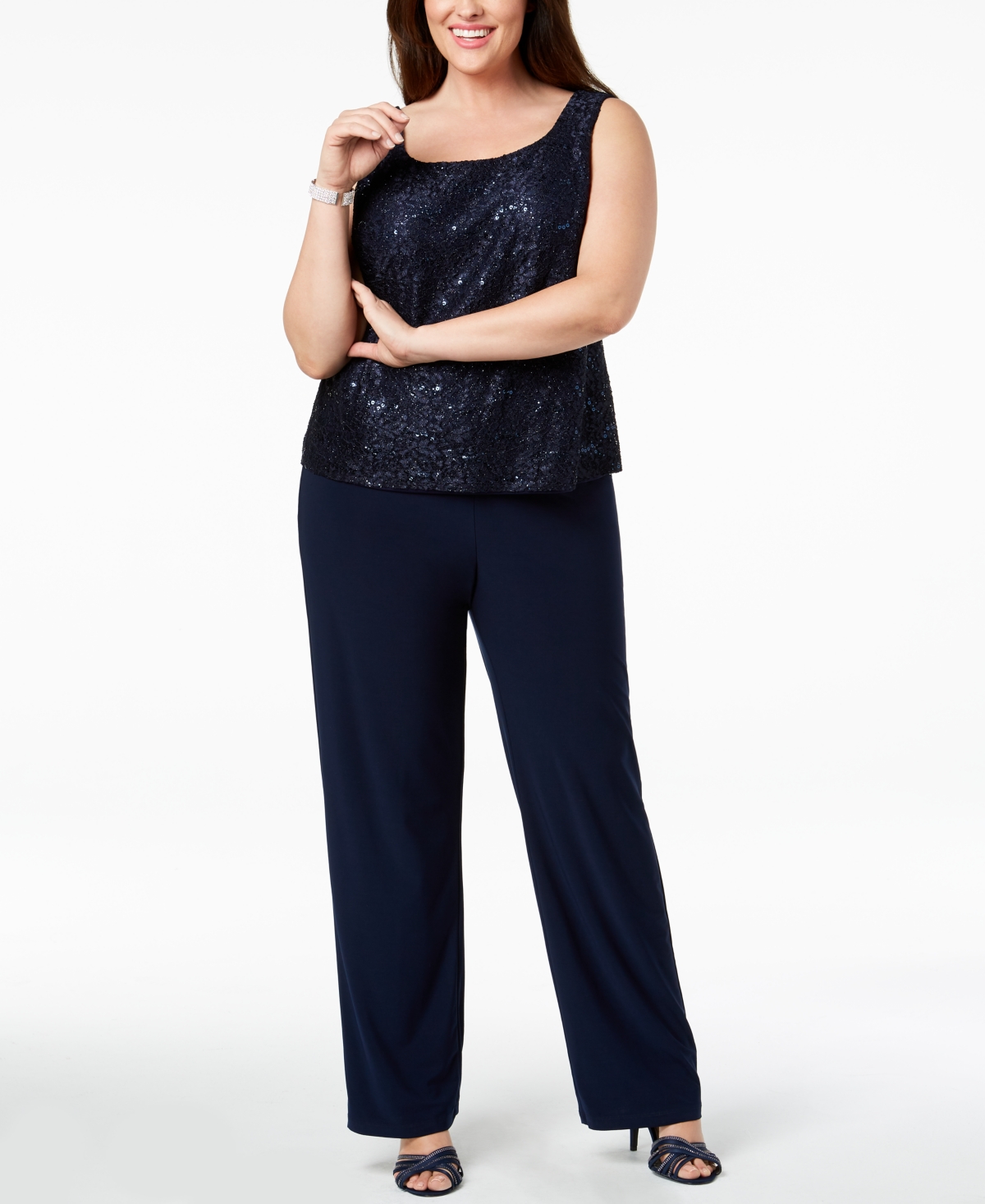 R & M Richards 3-Pc. Plus Size Sequined Lace Pantsuit & Shell