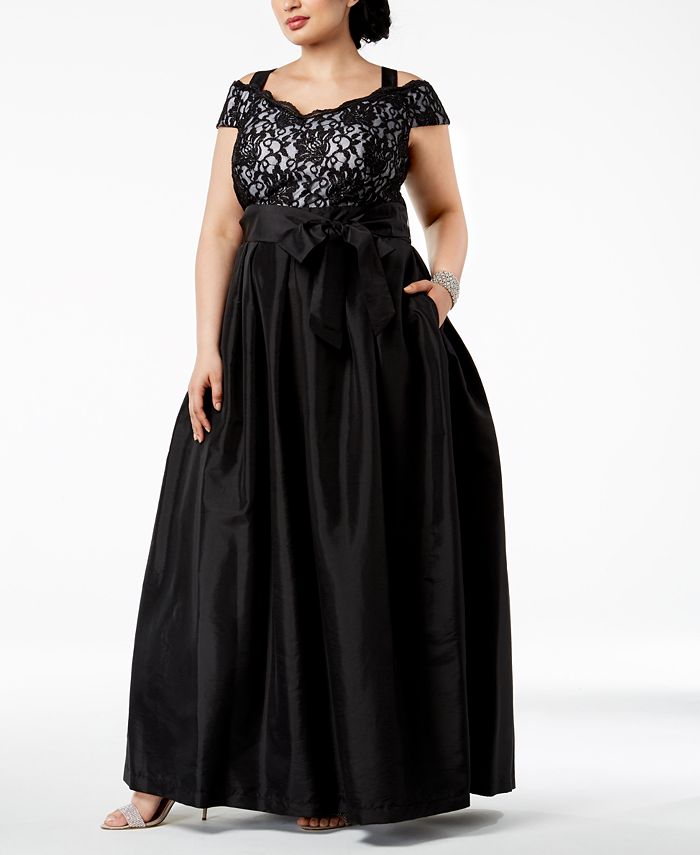 R & M Richards Plus Size Cold-Shoulder Glitter Lace & Satin Gown - Macy's