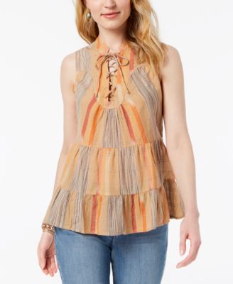 Style & Co - Petite Lace-Up Neck Cotton Peasant Top, Created for Macy's