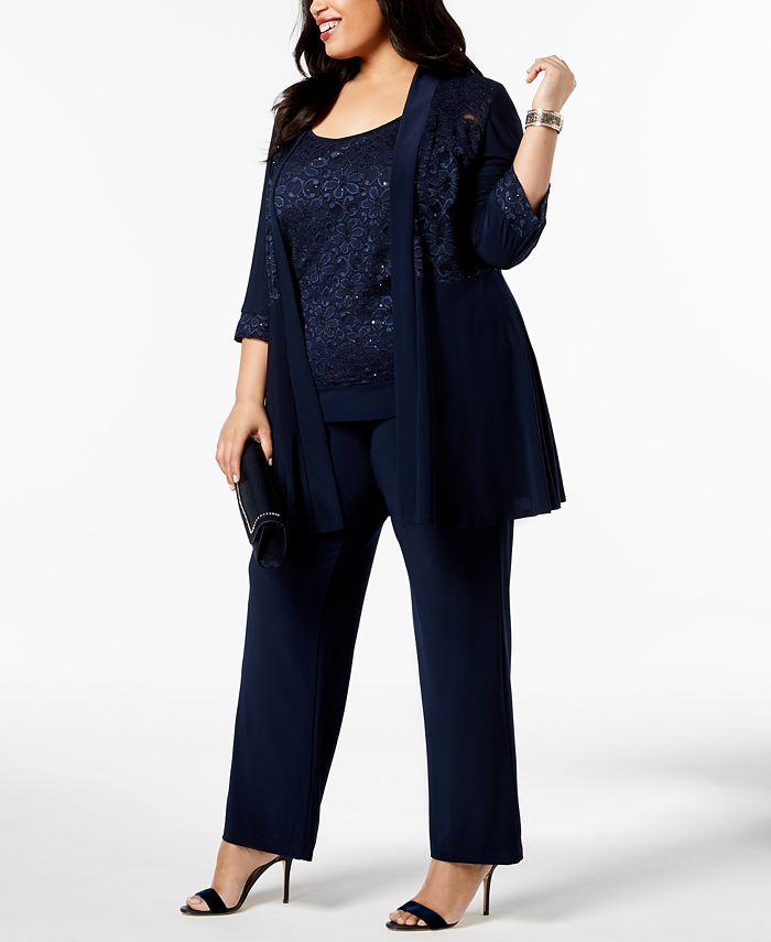 R & M Richards Plus Size Embellished Lace Jacket, Top & Pants - Macy's