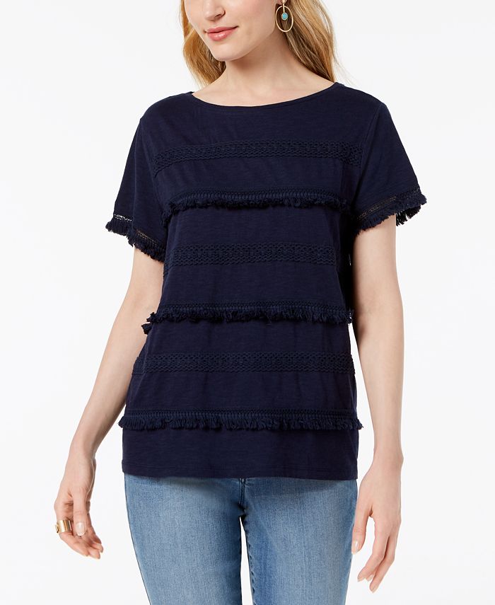 Style & Co Embellished Fringe-Trim T-Shirt, Created for Macy's - Macy's