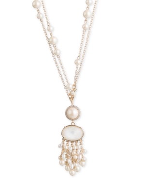CAROLEE GOLD-TONE CRYSTAL & IMITATION PEARL 18"/36" DOUBLE-ROW PENDANT NECKLACE