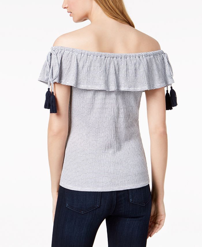 Maison Jules Striped Off-The-Shoulder Tassel Top, Created for Macy's ...